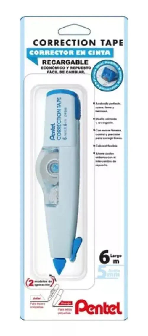 Corrector En Cinta Pentel Con 2 Funciones En 1 Recargable Azul - Pentel - empaque