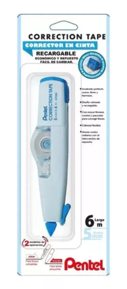 Corrector En Cinta Pentel Con 2 Funciones En 1 Recargable Azul - Pentel - empaque