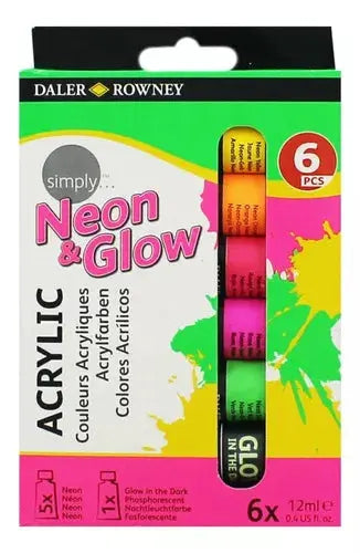 Set 6 Pintura Acrílica Neón Tubo Daler Rowney Simply 12ml - daler rowney - empaque