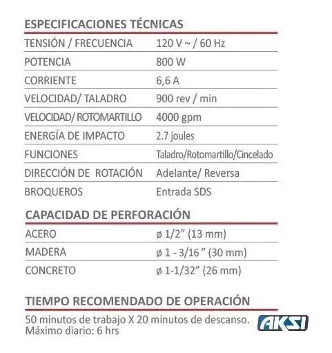 Rotomartillo Electroneumatico Aski 2.7j 800w 3 Funciones - Aksi - detalle