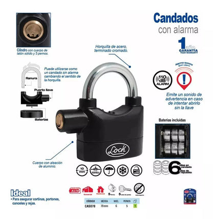 Candado Alarma Lock Doble Cerrojo 70 Mm Negro Llave Puntos - Lock - vista lateral
