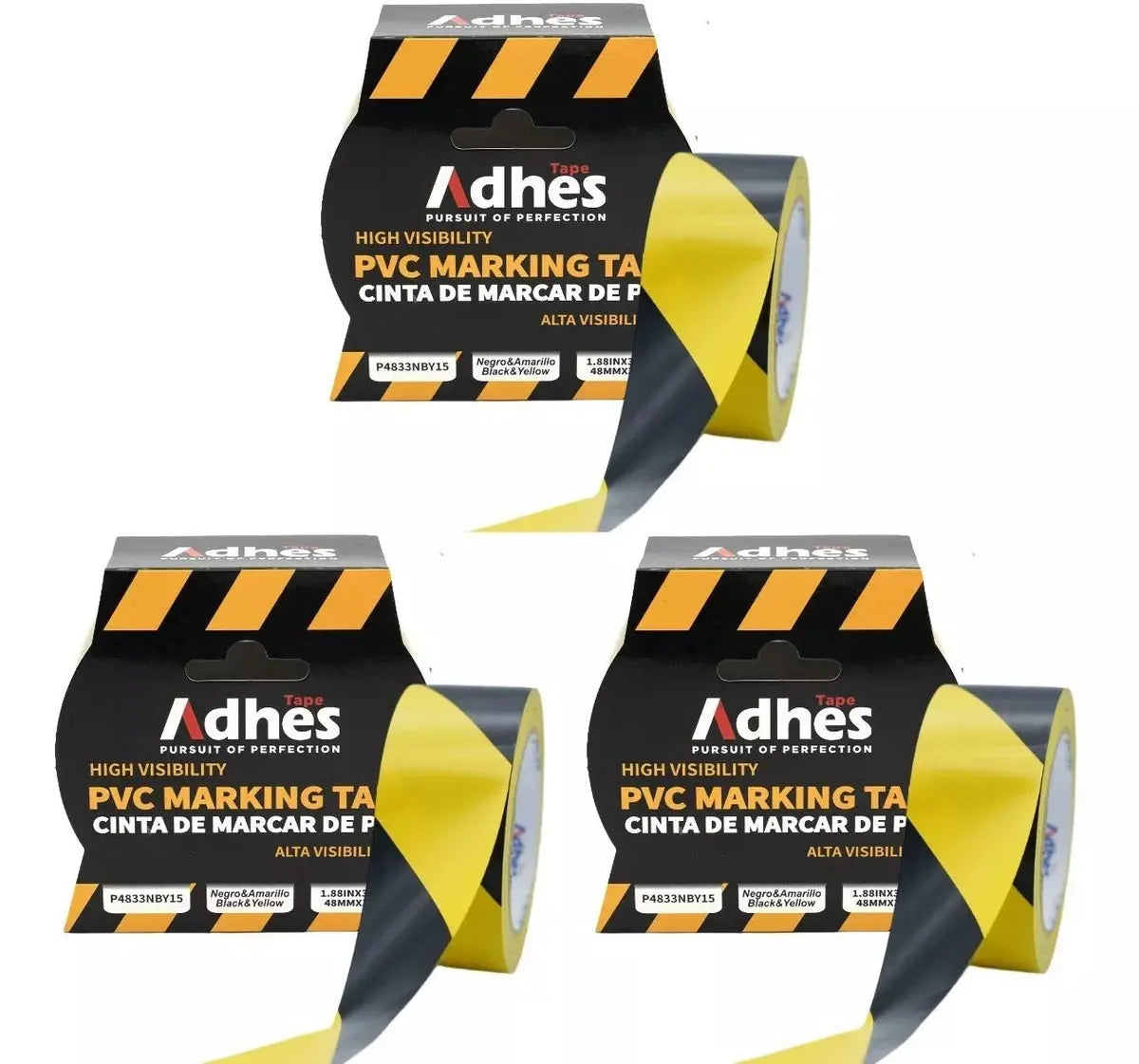 3pz Cinta Advertencia Marcaje Adhes Negro/amarillo Pvc 33m - ADHES - empaque