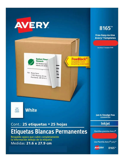 25 Etiquetas Envio Blanca Avery 21.6 X 27.9 Cm Permanente - Avery - vista lateral