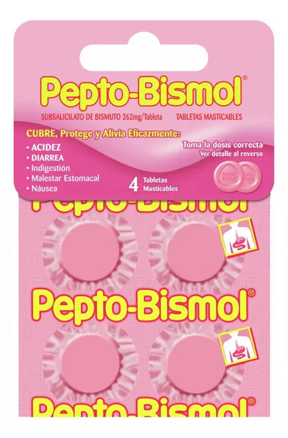 Pepto Bismol 4 Tabletas Masticables Cubre Protege Alivia - KCTS
