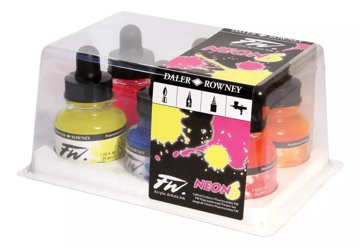Set 6 Tinta Acrílica Líquida Fw Artist Daler Rowney 29.5ml Color Colores Neón - Daler-Rowney