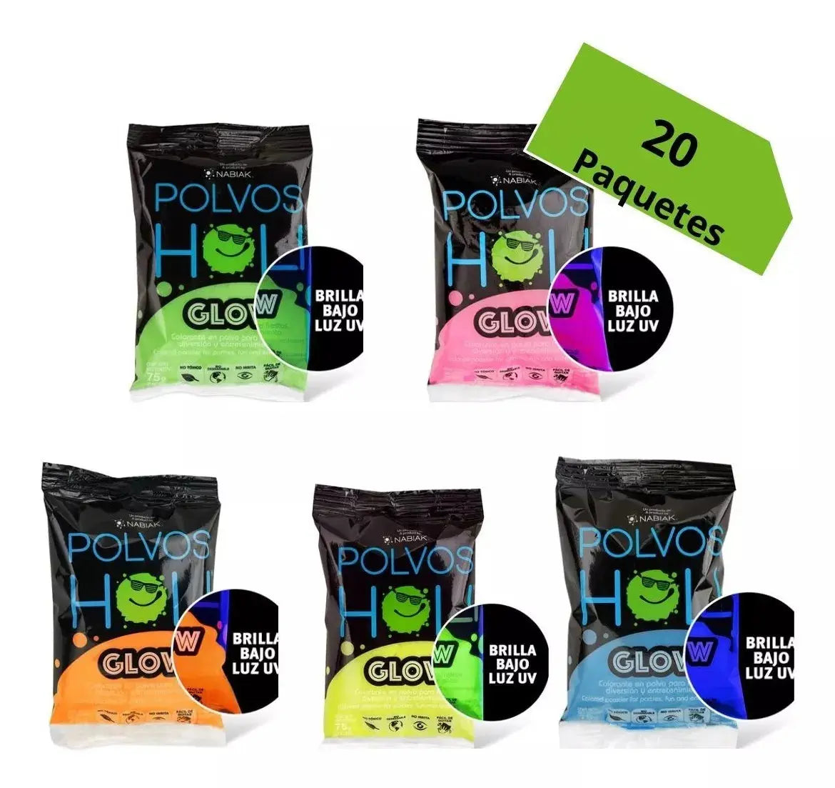Polvos Holi Glow Original Neón 75gr Paquete De 20 Fiestas - Polvos Holi - detalle