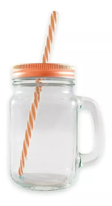 Tarros Mason Jar Liso Con Asa Tapa Y Popotes Mayoreo 12pack - marchante.shop