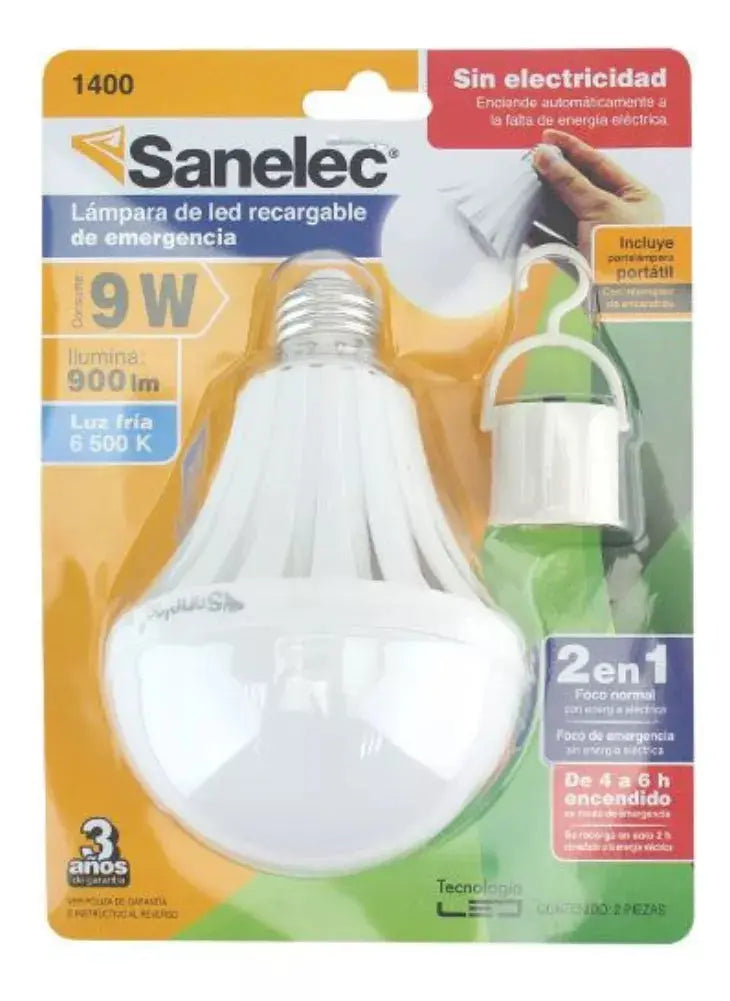 Foco Led Emergencia Sanelec 9w Recargable 6hrs Continuas Luz - Sanelec - vista lateral