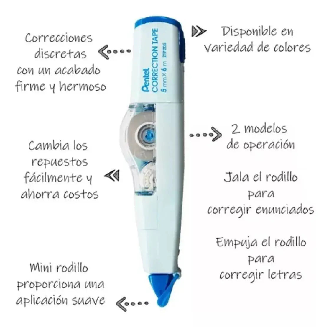 Corrector En Cinta Pentel Con 2 Funciones En 1 Recargable Azul - Pentel - vista lateral