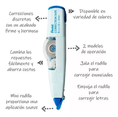 Corrector En Cinta Pentel Con 2 Funciones En 1 Recargable Azul - Pentel - vista lateral