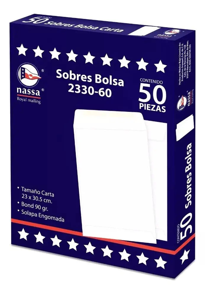 50 Sobres Bolsa Blanco Carta 23 X 30.5 Nassa Solapa Engomada - Nassa