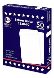 50 Sobres Bolsa Blanco Carta 23 X 30.5 Nassa Solapa Engomada - Nassa