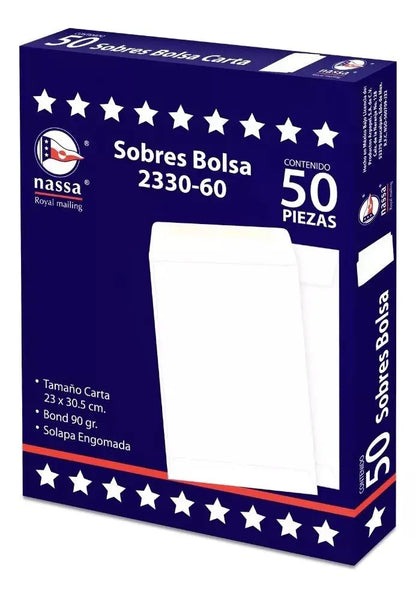 50 Sobres Bolsa Blanco Carta 23 X 30.5 Nassa Solapa Engomada - Nassa