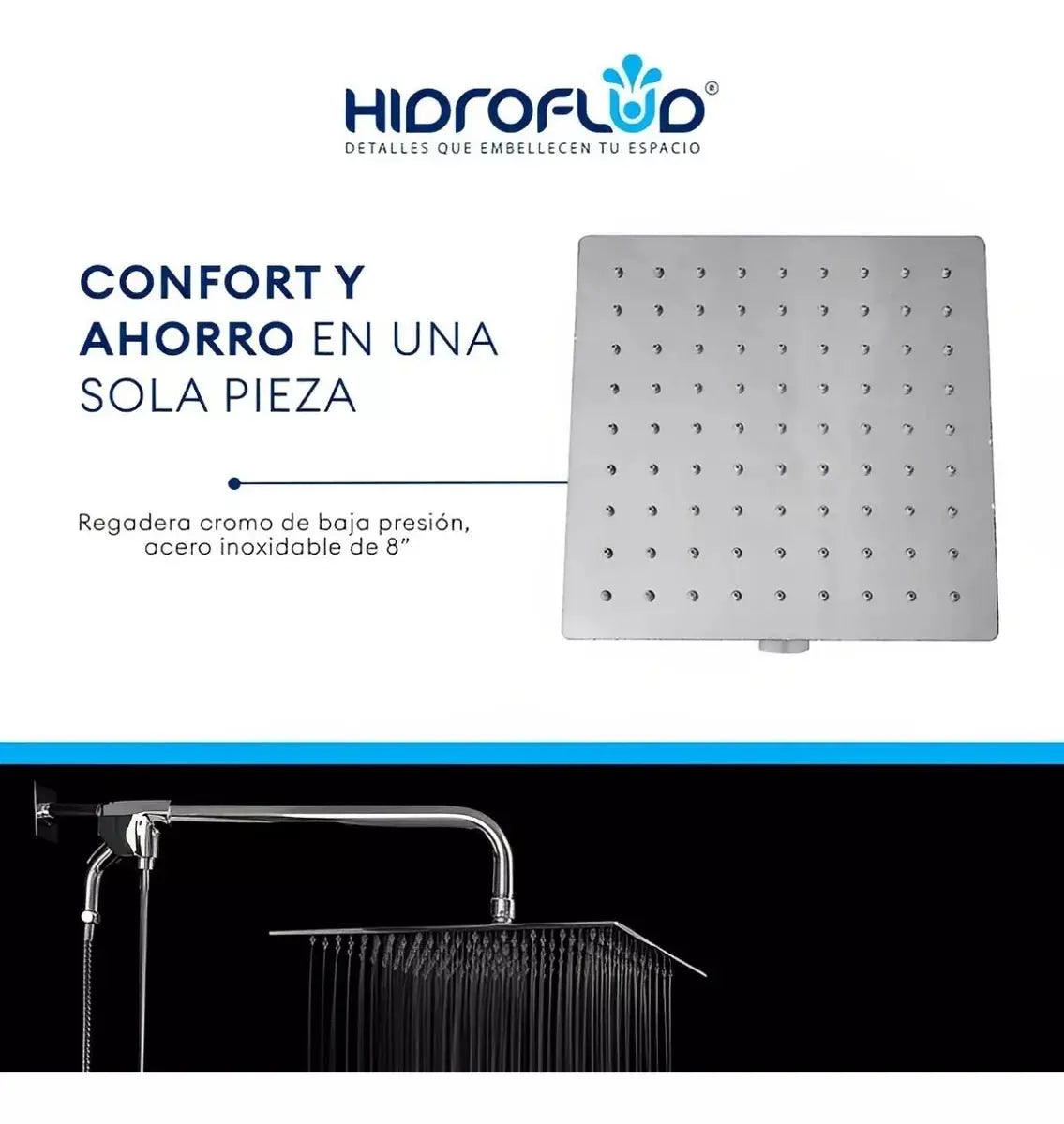Regadera Cuadrada Estilo Lluvia Cromada Acero Inoxidable - HIDROFLUD - vista lateral