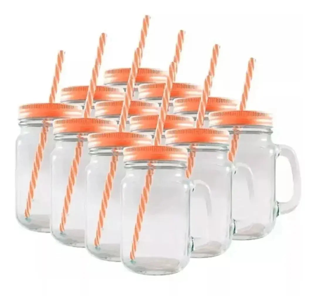 Tarros Mason Jar Liso Con Asa Tapa Y Popotes Mayoreo 12pack - marchante.shop