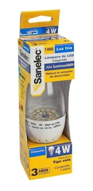 Foco Led 4w Sanelec Tipo Vela Luz Fria Base E27 - Sanelec - vista lateral