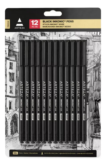 12 Boligrafos Fineliner Inkonic 0.4 Mm Color Negro Arteza - Arteza