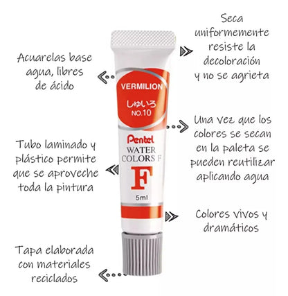 Estuche 24 Tubos Acuarelas Profesionales Pentel Arts 5ml - Pentel - vista lateral