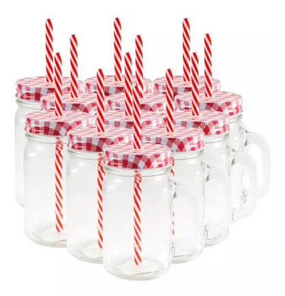 12 Tarros Mason Jars Ice Cold Drink Tapa Y Popote Asa Vaso Liso Tapa Mantel Colores - Coveme