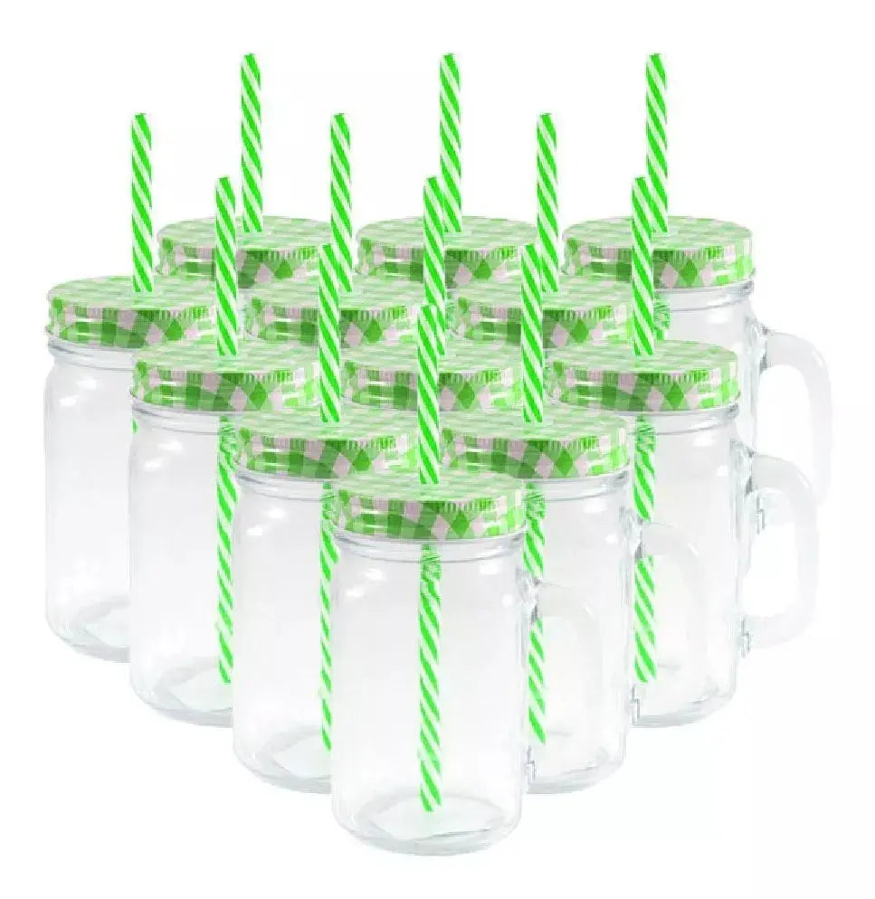 12 Tarros Mason Jars Ice Cold Drink Tapa Y Popote Asa Vaso Liso Tapa Mantel Verde - Coveme