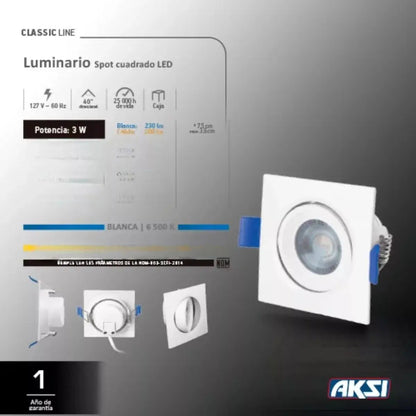 3pz Luminario Cuadrado Empotrable Aksi 3w Luz Blanca - Aksi - detalle