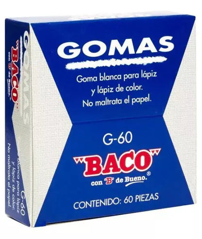 60 Gomas Blanca Plástica Baco Borrador Escolar Lápiz G60 - BACO - detalle