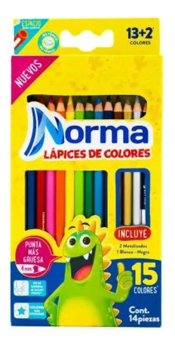 Caja 15 Lapices Colores Norma 12+3 Punta Gruesa Escolares - Norma - empaque