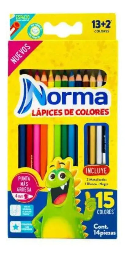 Caja 15 Lapices Colores Norma 12+3 Punta Gruesa Escolares - Norma - empaque