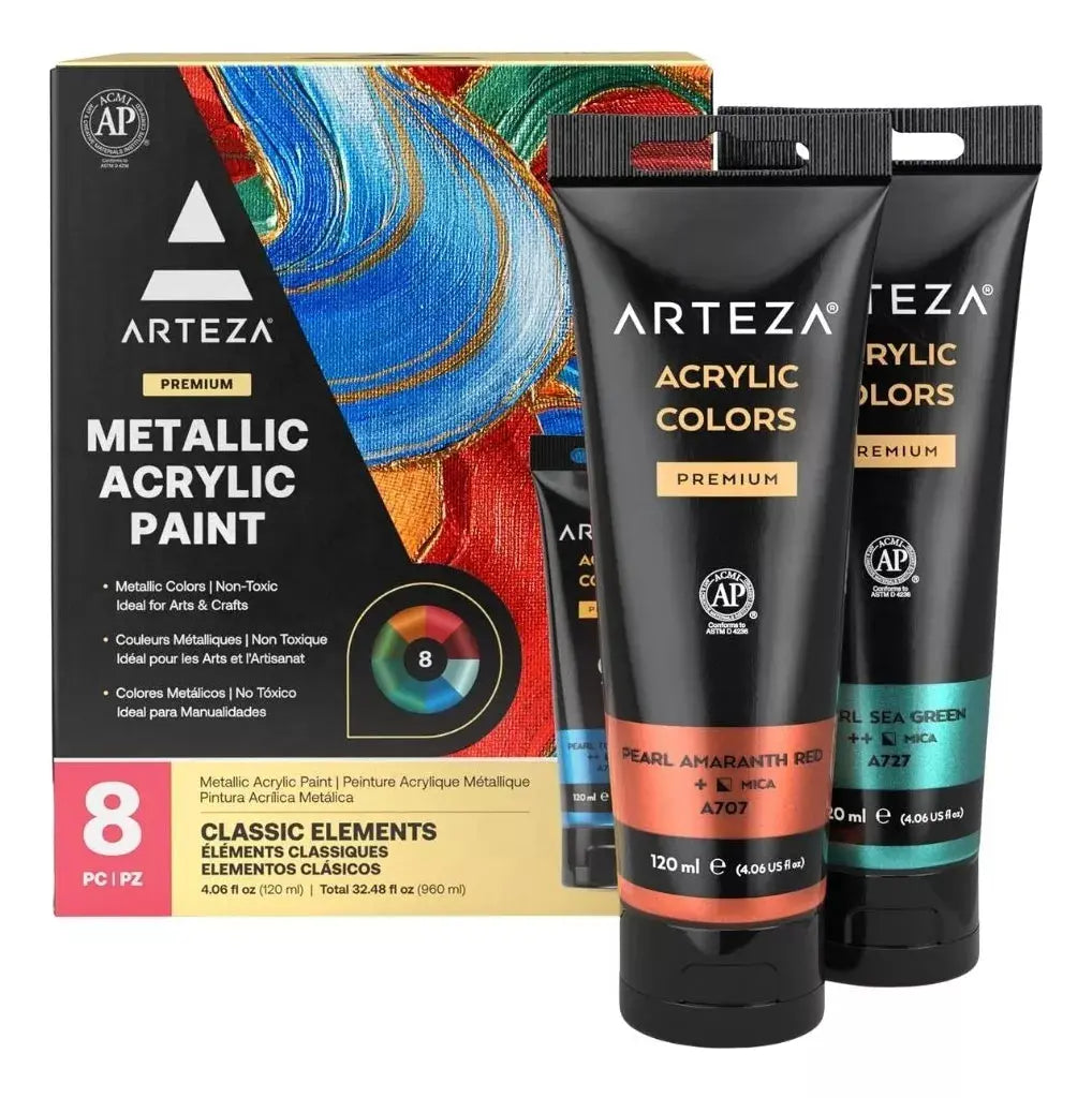Set De 8 Pinturas Acrilicas Metalicas Arteza Color Elementos Clasicos - Arteza - vista lateral