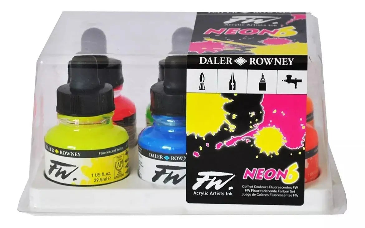 Set 6 Tinta Acrílica Líquida Fw Artist Daler Rowney 29.5ml Color Colores Neón - Daler-Rowney - vista trasera