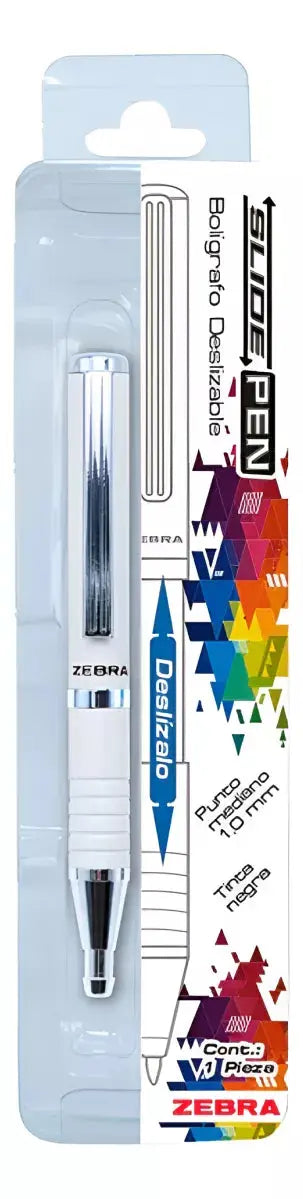 Pluma Slide Pen Zebra Punto Mediano Color Blanco Tinta Negra - Zebra