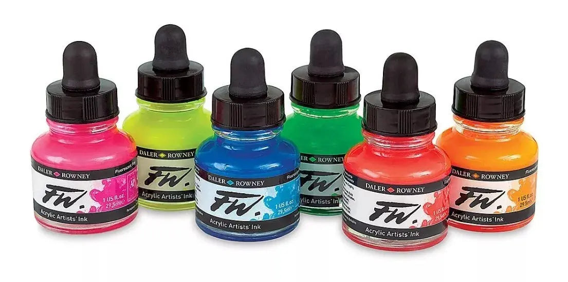 Set 6 Tinta Acrílica Líquida Fw Artist Daler Rowney 29.5ml Color Colores Neón - Daler-Rowney - empaque