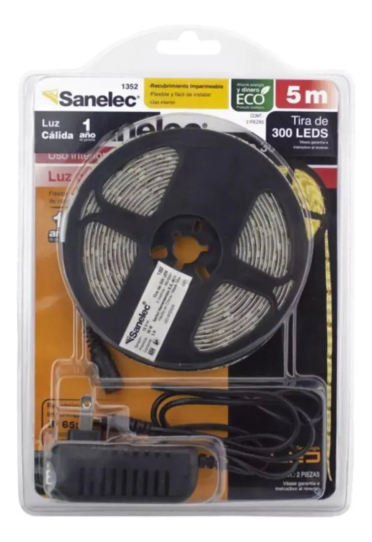 Tira C/300 Leds Luz Cálida Sanelec 3000k Largo 5m 24w - Sanelec