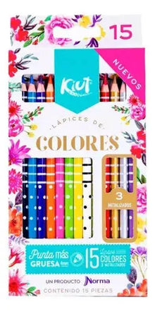 15 Lapices Colores Kiut Punta Gruesa 4mm Redondos Metalicos - Kiut - detalle