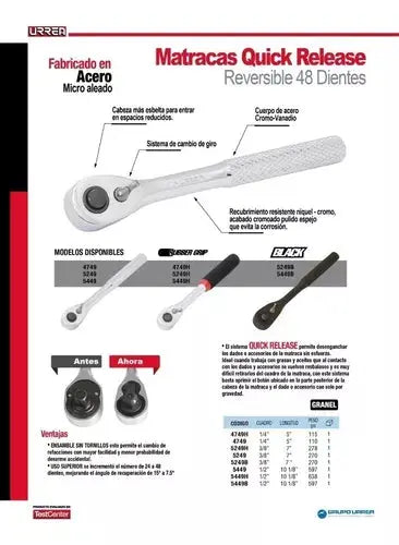Matraca Reversible Urrea Cuadro 1/2'' Black Quick Release - Lock - vista lateral