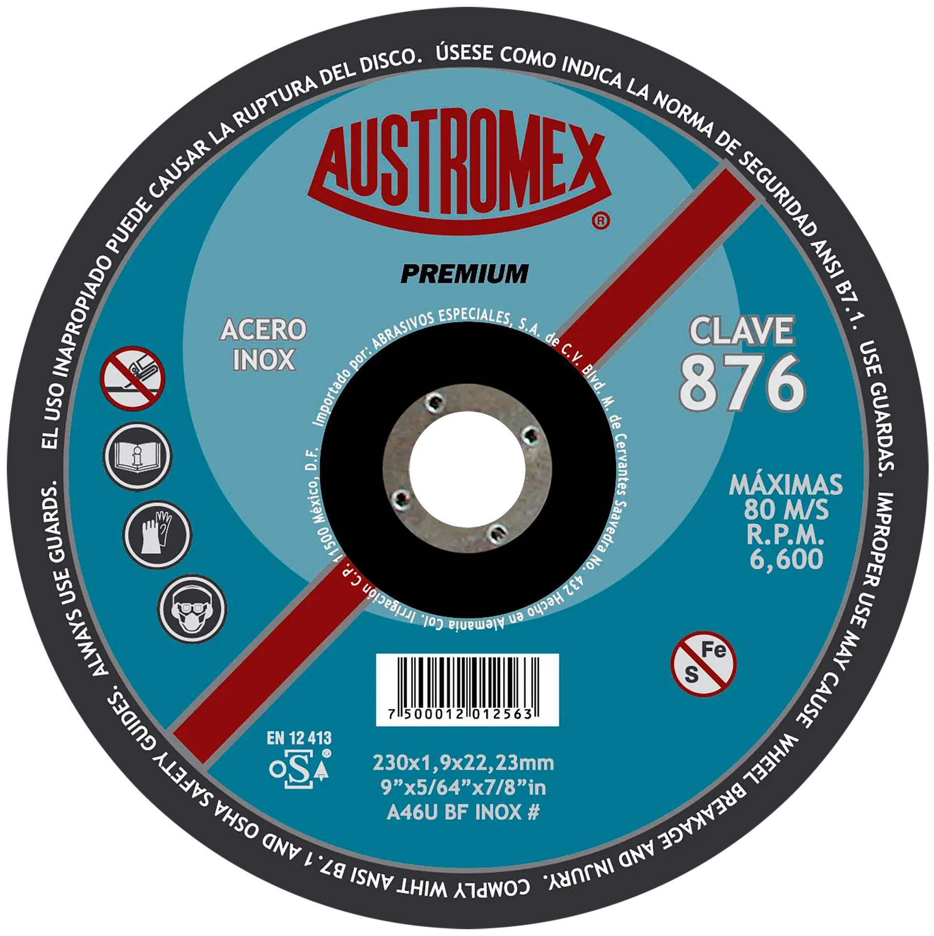Disco abrasivo Austromex tipo 42 grano 46 de 230 x 1.9 x 22.23 mm INOX - Austrodiam - vista lateral