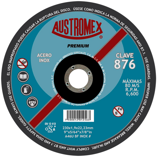 Disco abrasivo Austromex tipo 42 grano 46 de 230 x 1.9 x 22.23 mm INOX - Austrodiam - vista lateral