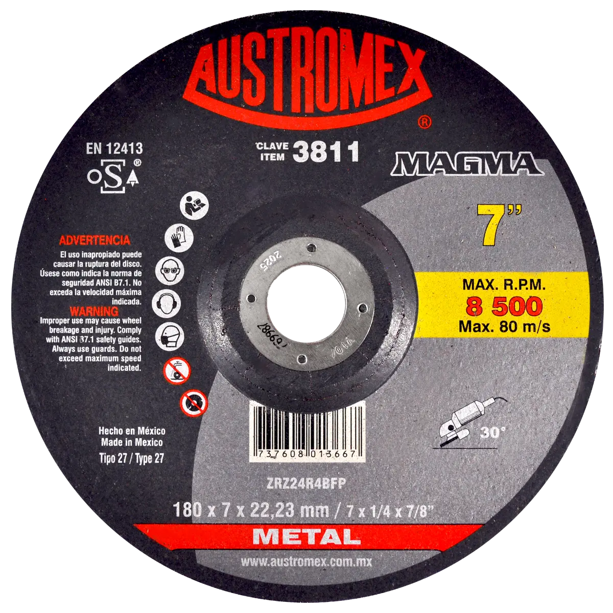 5 piezas Disco Abrasivo Desbaste de Acero Austromex 180 x 7 x 22.23 mm - Austrodiam
