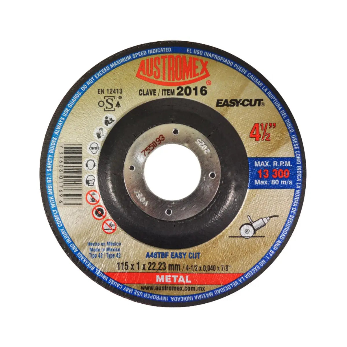1 Disco abrasivo Austromex tipo 42 grano 46 de 115 x 1 x 22.23 mm EASY CUT - Austrodiam