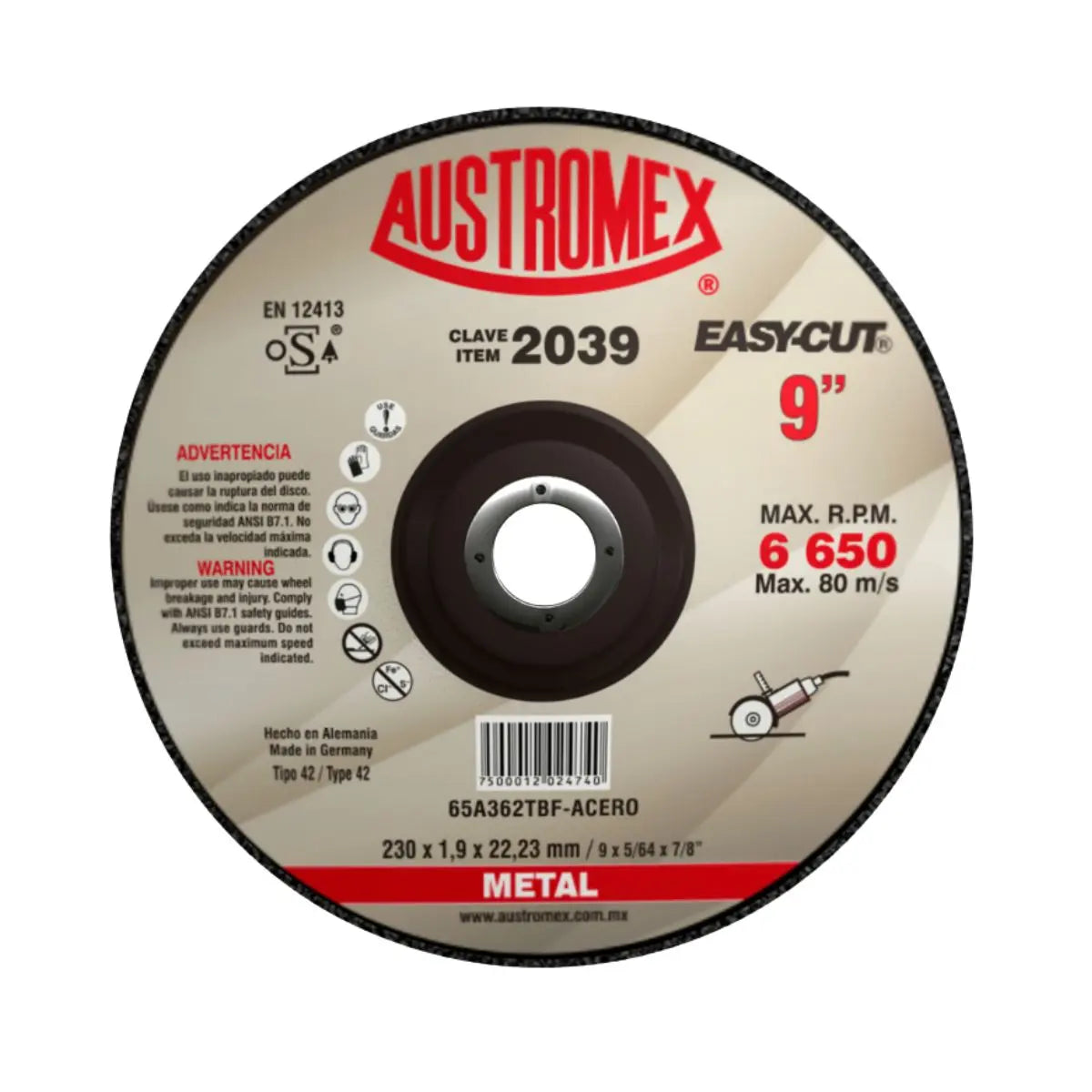 Disco Abrasivo 230x1.9x22.23mm Clave 2039 Austromex - Austrodiam