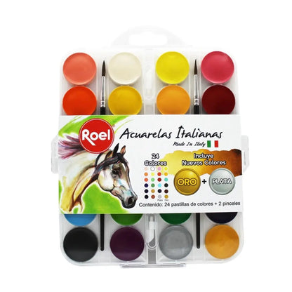 24 Pastillas Acuarela Efecto Mate Oro Plata Roel Estuche - Roel