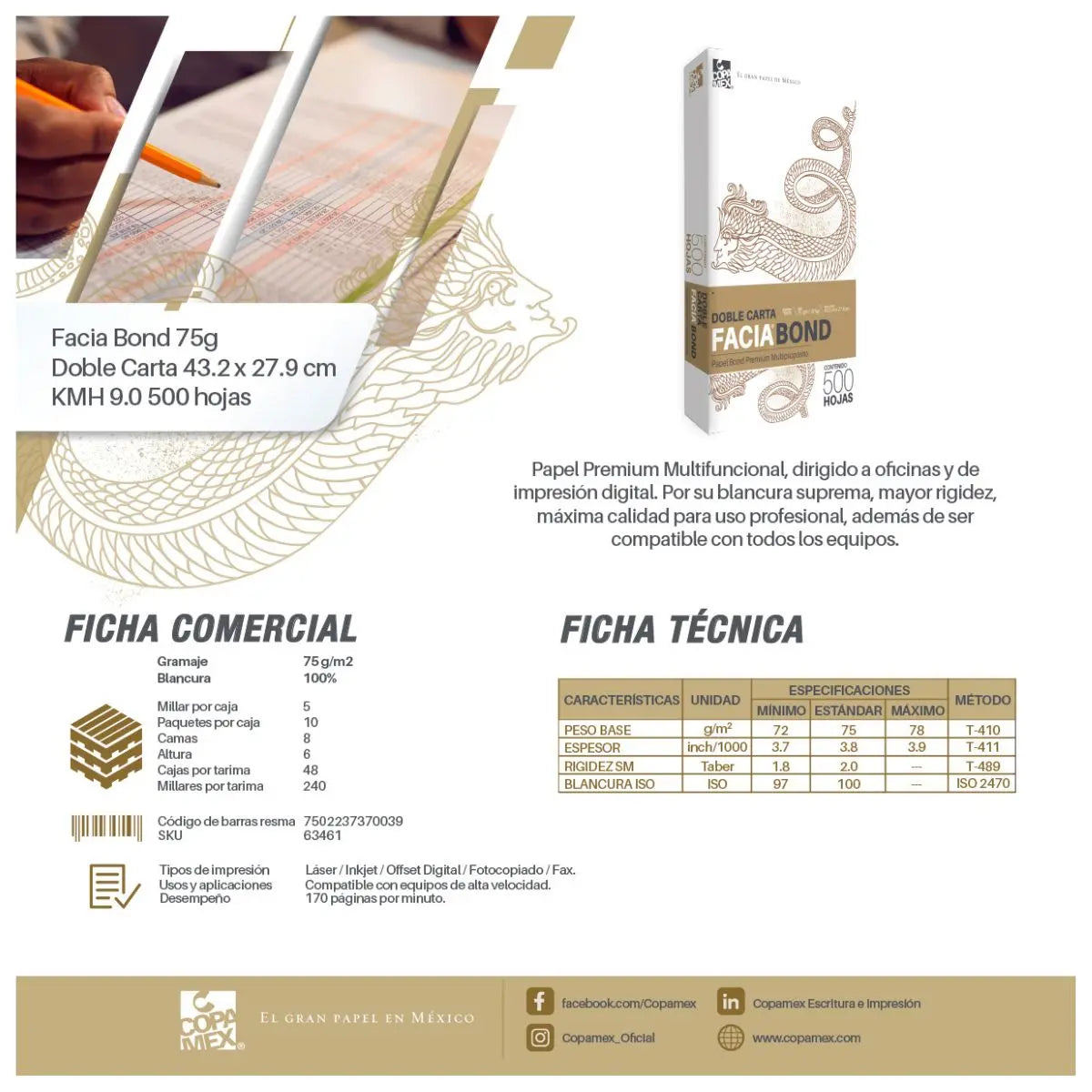 Paquete 500 Hojas Papel Facia Bond Doble Carta 75g Blanco - Exel - detalle