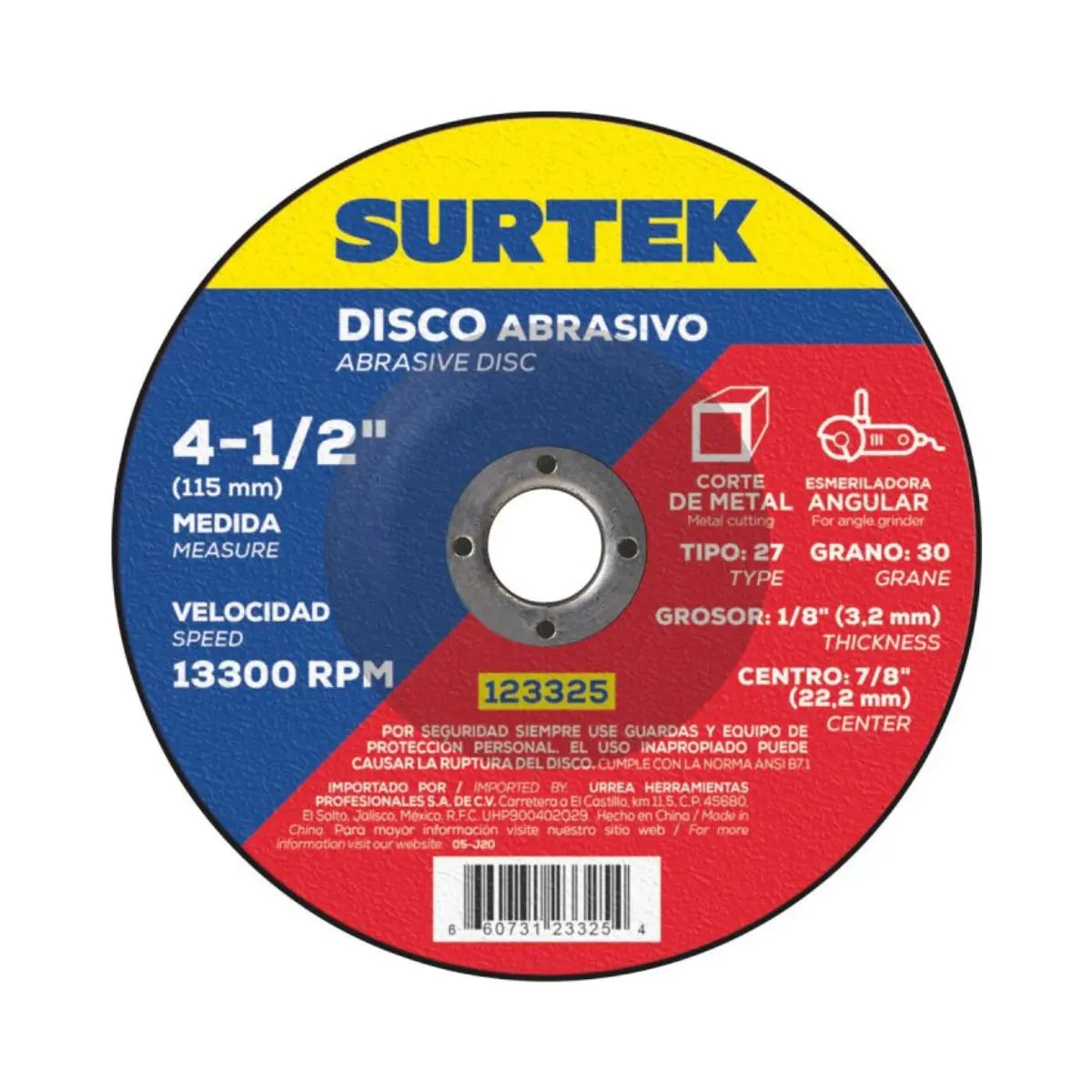 Disco Abrasivo Tipo 27 para Metal Surtek 4-1/2" x 1/8" - Lock