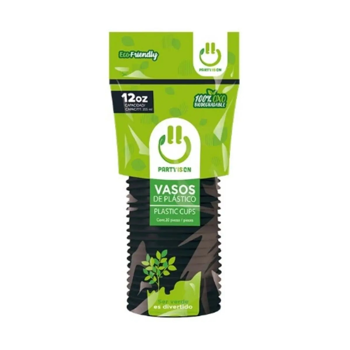 20pz Vasos Plastico Negro Party Is On 12 Oz Fiestas - PARTY IS ON - detalle