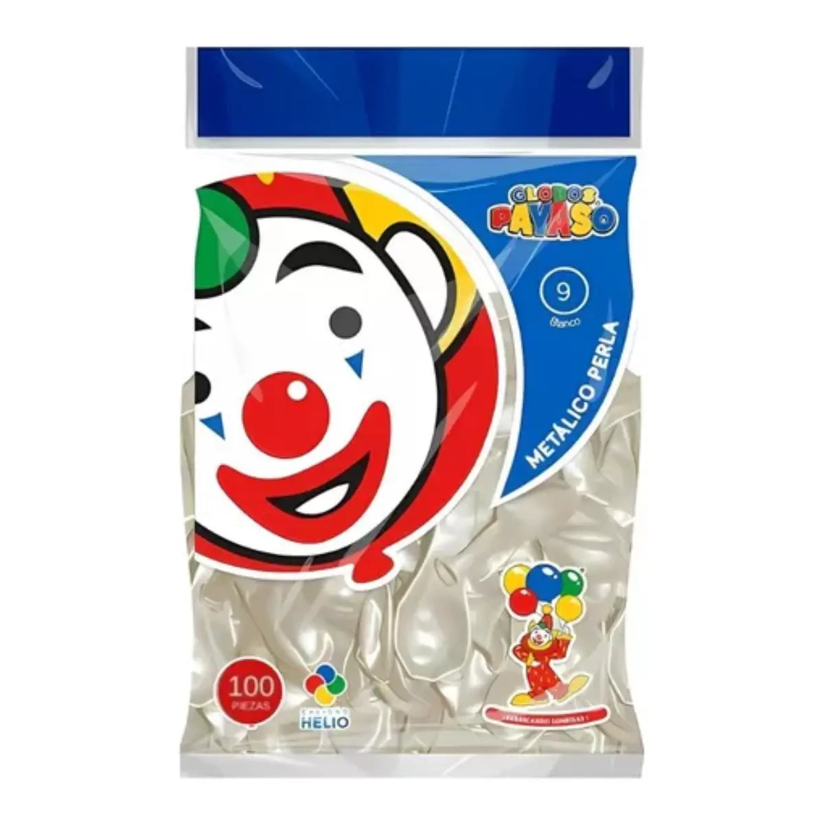 100pz Globos Payaso N° 9 Metalico Perla Decoraciones Fiestas Blanco - GLOBO PAYASO - empaque