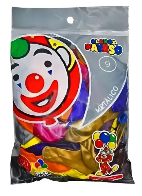 GLOBO PAYASO SURTIDO-METÁLICO VARIOS N° 9″ BOLSA c/100 pzs - GLOBO PAYASO - detalle