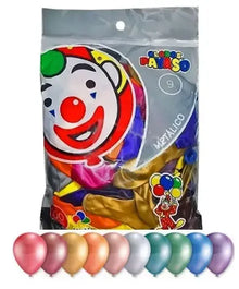 GLOBO PAYASO SURTIDO-METÁLICO VARIOS N° 9″ BOLSA c/100 pzs - GLOBO PAYASO
