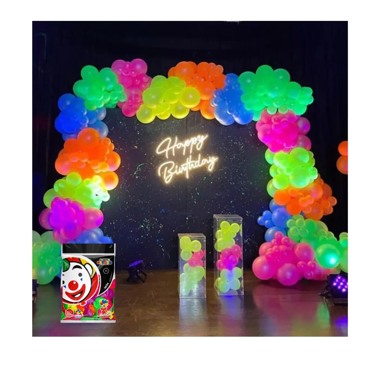 50pz Globos Payaso Neón #10 Latex Colores Surtidos Fiestas - GLOBO PAYASO - empaque
