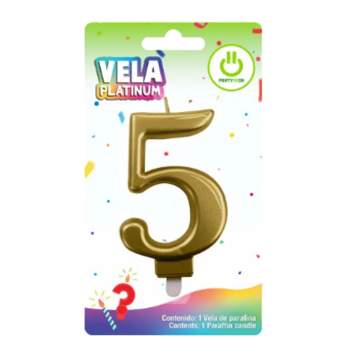 Vela Platinum Dorado Party Is On Signo Numero Pastel Cumple Cinco - PARTY IS ON - vista lateral
