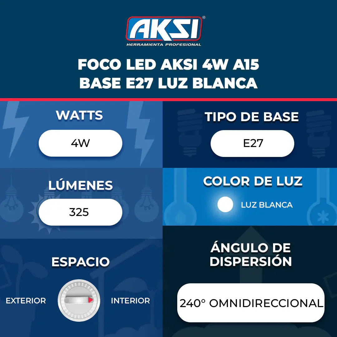 Paquete de 10 Focos LED A15 4W Aksi Luz Blanca Base E27 - Aksi - vista lateral